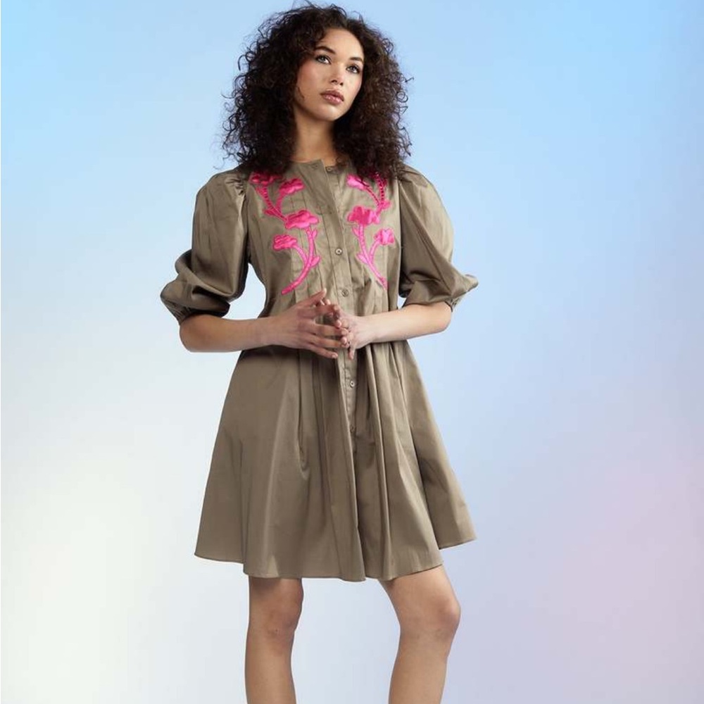 Cynthia Rowley Annabelle Cotton Dress Khaki with Pink Floral Accents